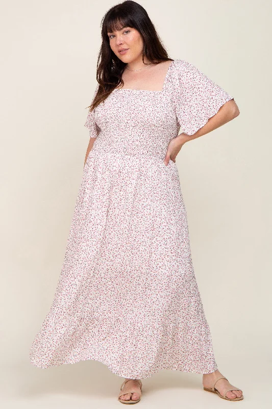 Ivory Floral Smocked Flounce Sleeve Plus Maxi Dress Fashionable Chiffon Maxi Dress