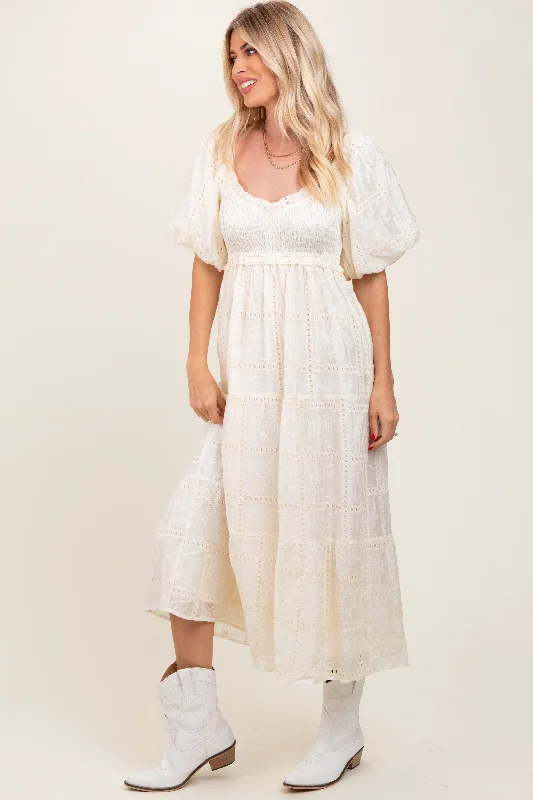 Ivory Smocked Puff Sleeve Maxi Dress Elegant Maxi Dress with Ruffles