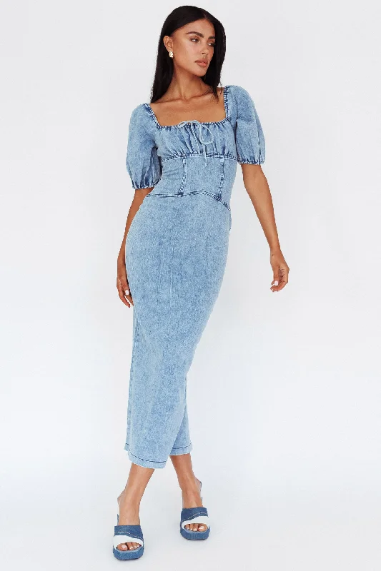 Juneau Puff Sleeve Midi Dress Denim Blue Trendy Ruffle Hem Midi Dress