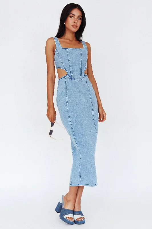 Kainani Cut-Out Waist Midi Dress Denim Blue Elegant Floral Skirt Midi Dress