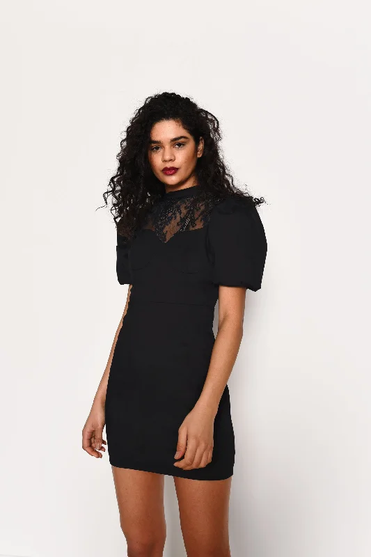 Glamorous Black Puff Sleeve Mini Dress with Contrasting Lace Panel Chic Pleated Mini Dress