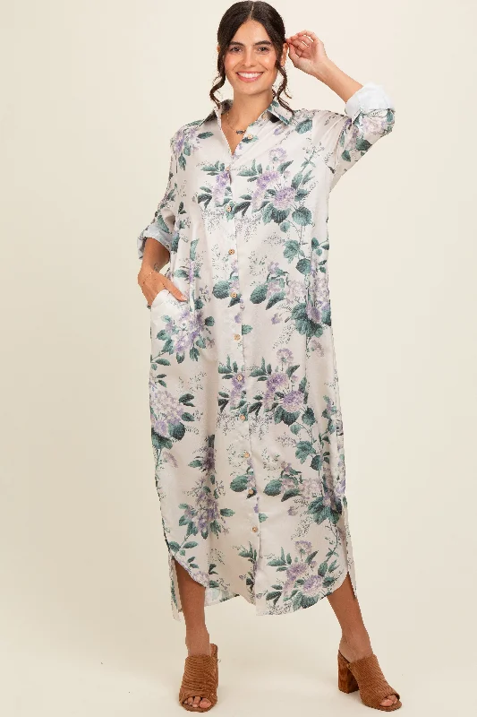 Lavender Floral Button Down Maxi Dress Comfortable Maxi Dress with Belt