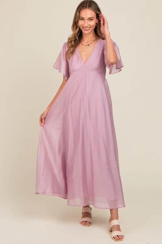 Lavender V-Neck Flutter Sleeve Maxi Dress Comfortable T-Shirt Maxi Dress