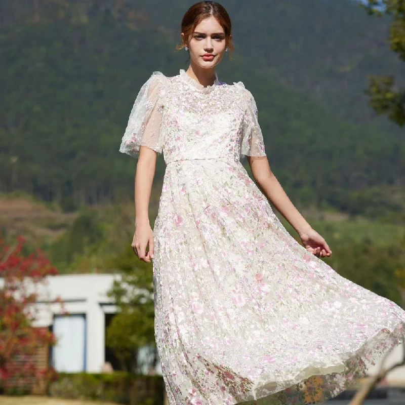 Lavish Short Sleeve Frill Neck A Line Summer Embroidered Floral Tulle Maxi Dress Chic Off-Shoulder Maxi Dress