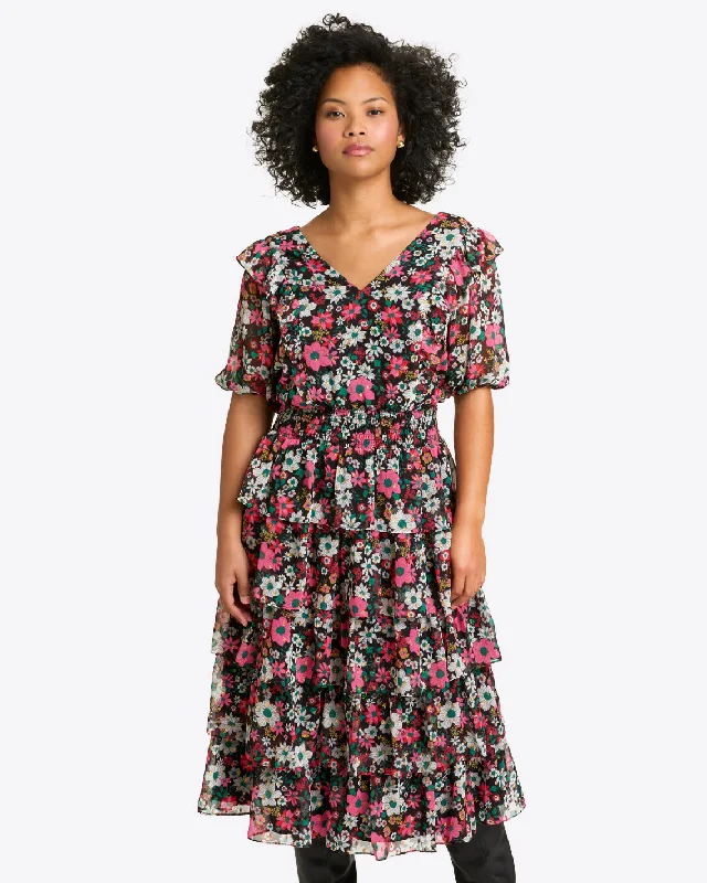 Leah Tiered Ruffle Midi Dress in Amaryllis Fil Coupe Stylish Tiered Midi Dress