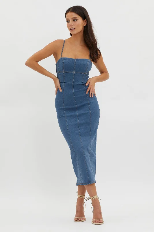 Lenni Denim Midi Dress Dark Blue Elegant Satin Button Midi Dress