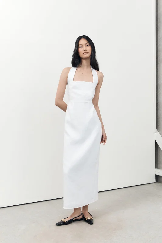 LEO WHITE HALTER LINEN MIDI DRESS Stylish Satin Midi Dress