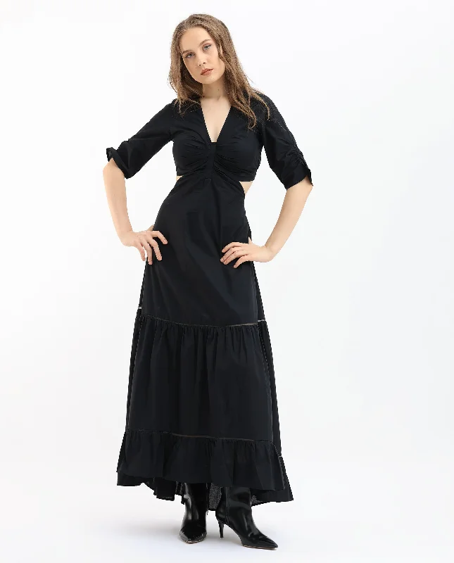 Rareism Women Lesman Black Cotton Fabric Short Sleeves V-Neck Puff Sleeve Fit And Flare Plain Maxi Dress Fashionable Layered Maxi Dress