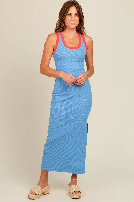 Light Blue Colorblock Side Slit Maxi Dress Elegant Maxi Dress with Drapes