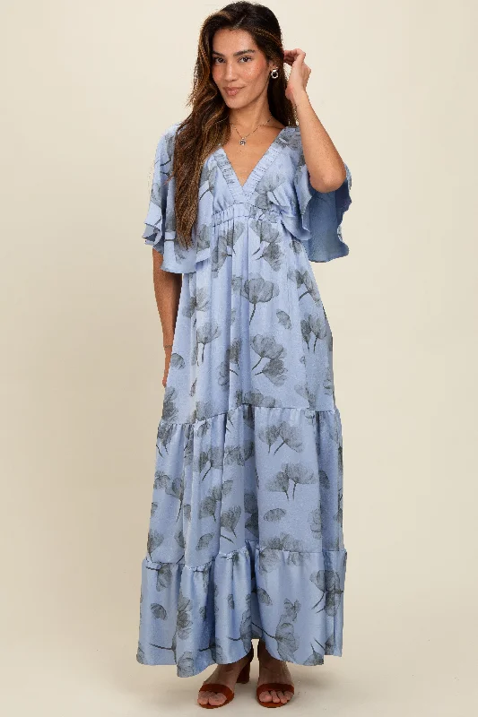 Light Blue Floral Deep V-Neck Maxi Dress Elegant Maxi Dress with Slit