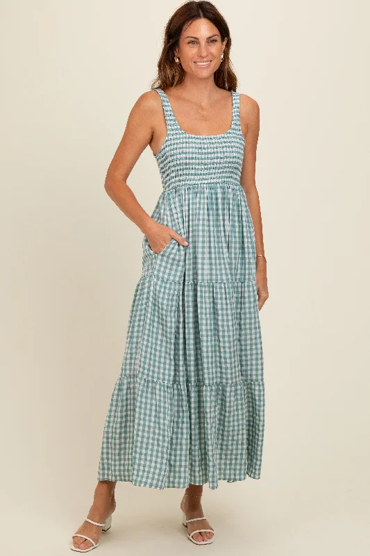 Light Blue Plaid Tiered Maxi Dress Trendy Maxi Dress with Belt