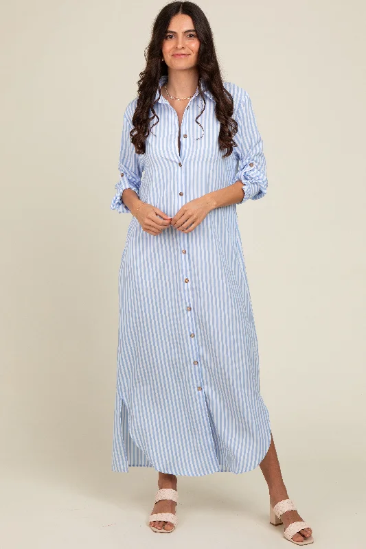 Light Blue Striped Button Down Maxi Dress Comfortable Bohemian Maxi Dress