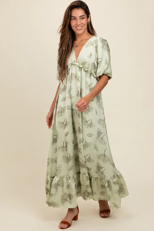 Light Olive Floral Chiffon Ruffle Accent Maxi Dress Elegant Silk Maxi Dress