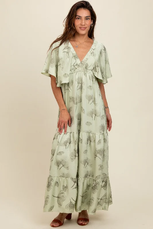 Light Olive Floral Deep V-Neck Maxi Dress Comfortable Ruffle Hem Maxi Dress