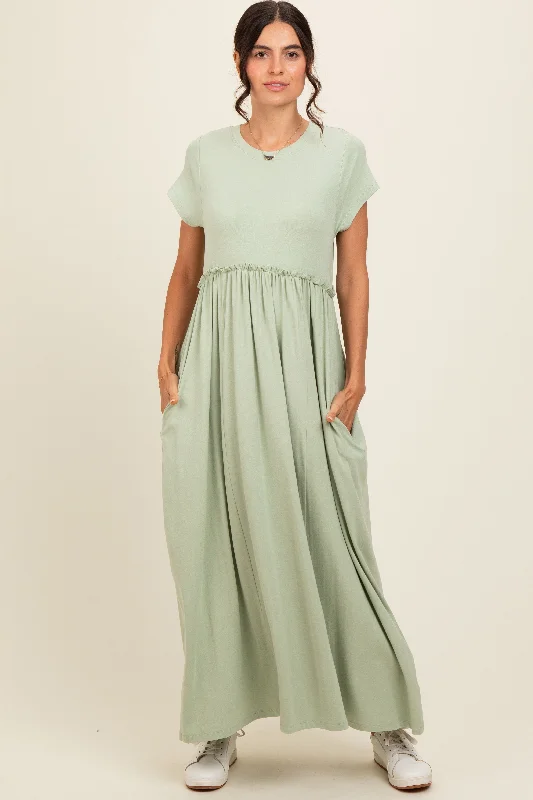 Light Olive Ruffle Trim Maxi Dress Comfortable Maxi Dress with Belt