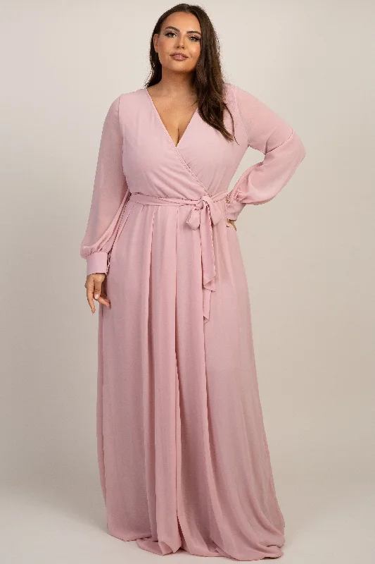 Light Pink Chiffon Long Sleeve Pleated Plus Maxi Dress Cozy Cold-Shoulder Maxi Dress