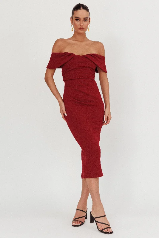 Lillianne Off-Shoulder Midi Dress Wine Fashionable Pencil Midi Dress