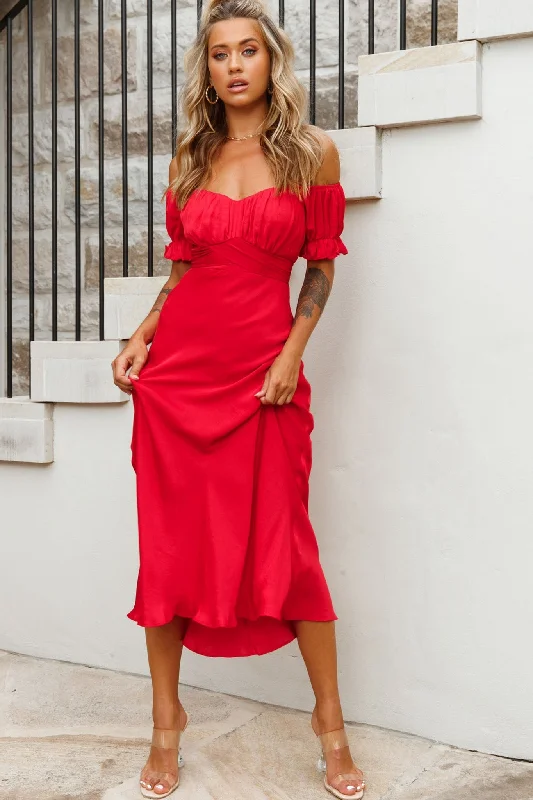 Linka Off-Shoulder Tie Back Midi Dress Red Cozy Ribbed Knit Midi Dress