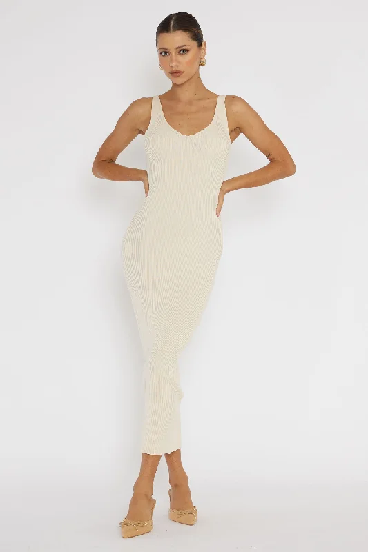 Linzi Lace-Up Back Knit Midi Dress Cream Chic Off-Shoulder Midi Dress