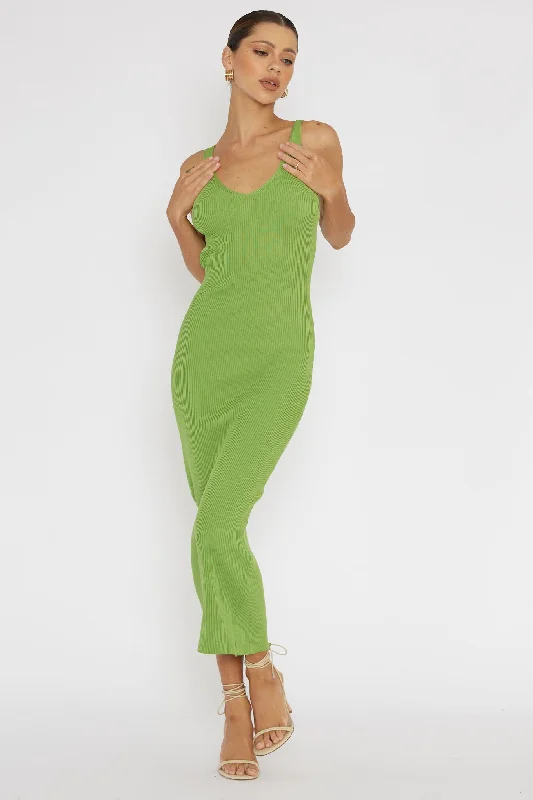 Linzi Lace-Up Back Knit Midi Dress Green Comfortable Lace-Up Midi Dress