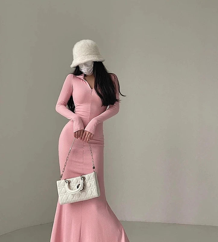 Long Sleeve Fishtail Maxi Dresses Cozy Knitted Maxi Dress