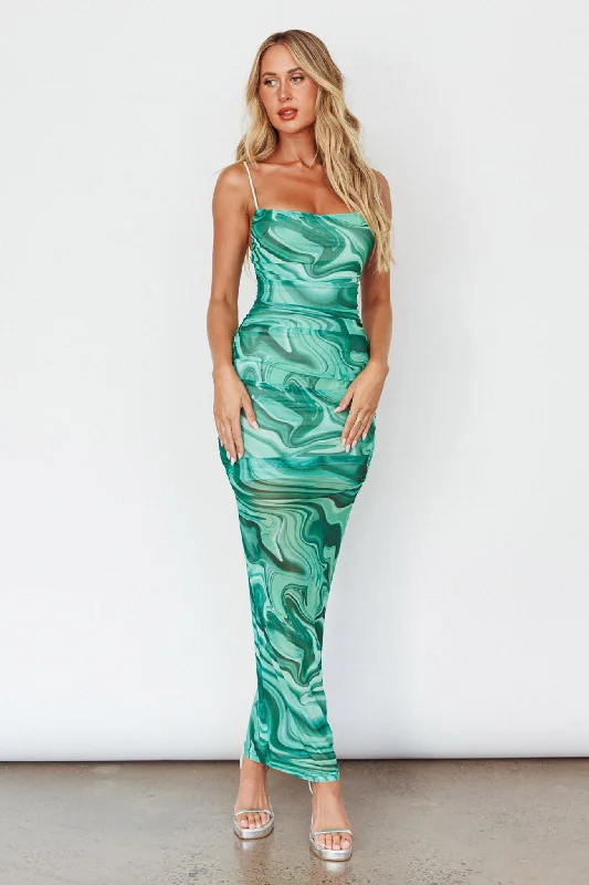 Love In Miami Lace-Up Back Maxi Dress Marble Green Trendy Off-Shoulder Ruffle Maxi Dress