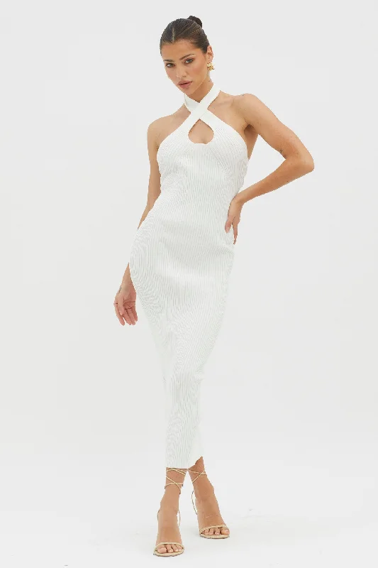 Lovelock Halterneck Ribbed Knit Midi Dress White Stylish Cold Shoulder Midi Dress