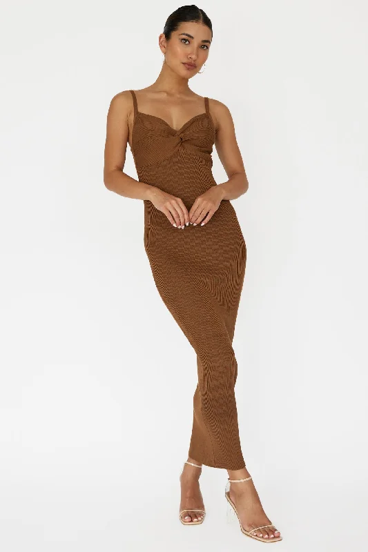 Lover's High Twist Bust Knit Midi Dress Chocolate Trendy Midi Dress with Belt