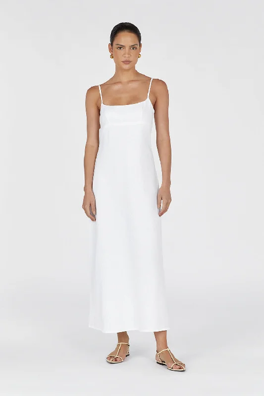 LUCIA WHITE LINEN MIDI DRESS Elegant Pleated Detail Midi Dress