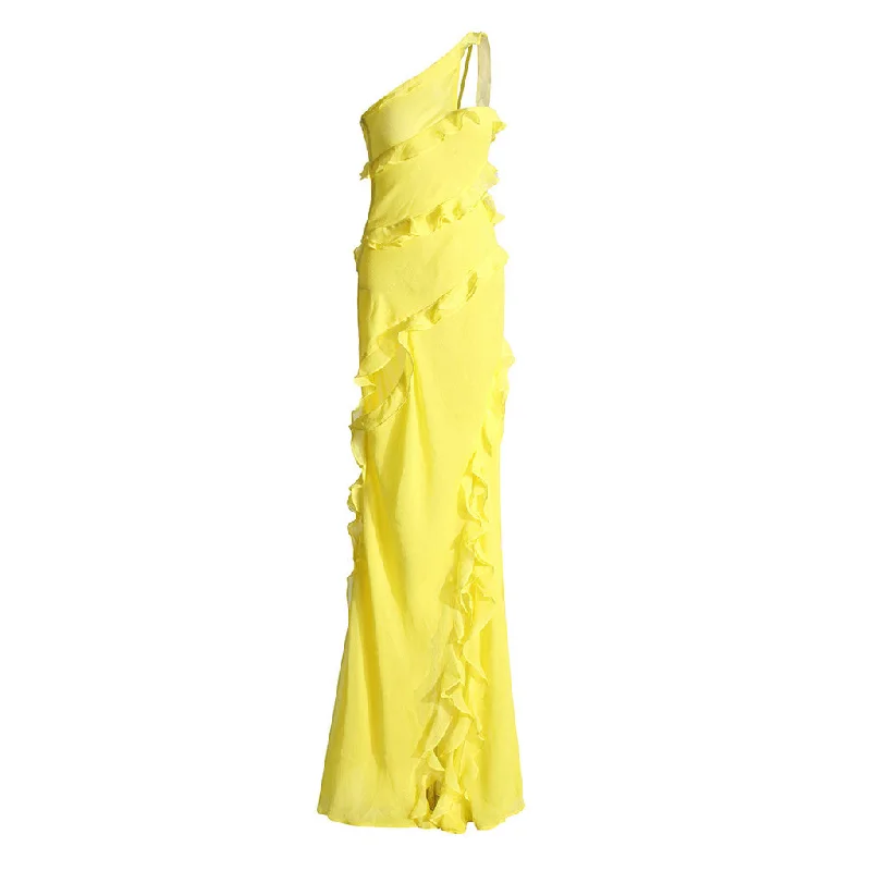 Luxe One Shoulder Split Cutout Layered Ruffled Chiffon Evening Maxi Dress Fashionable Asymmetrical Maxi Dress