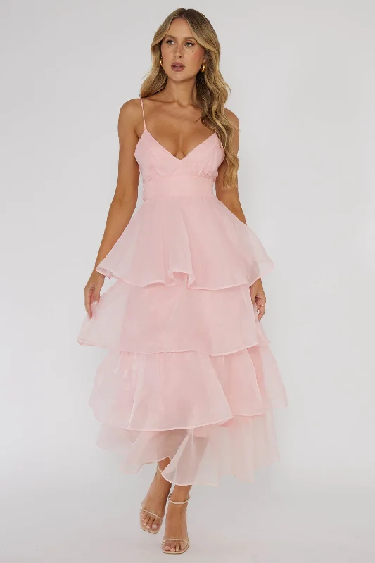 Made For You Tiered Ruffle Midi Dress Pink Fashionable High-Neck Midi Dress