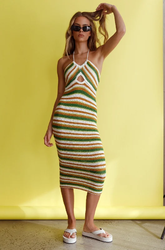 Malibu Nights Halterneck Knit Midi Dress Striped Olive Trendy Flared Sleeve Midi Dress