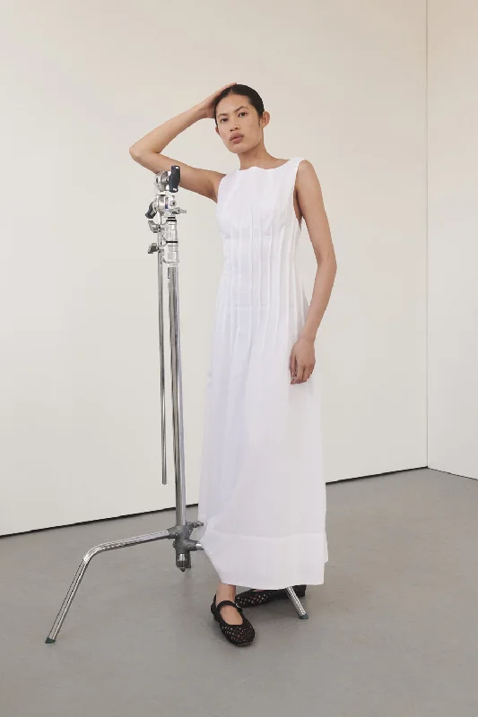 MANA WHITE LINEN MIDI DRESS Fashionable High-Low Midi Dress