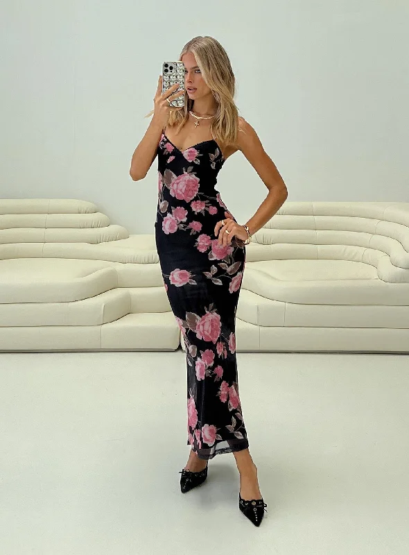 Manolis Maxi Dress Black / Floral Elegant Maxi Dress with Ruffles