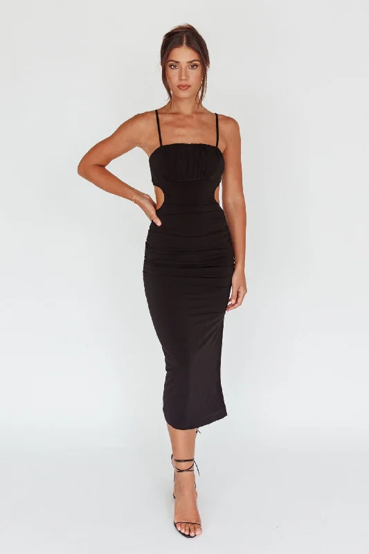 Mary Jane Gathered Bust Tie Back Midi Dress Black Comfortable Ribbed Midi Dress