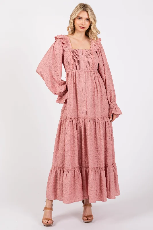 Mauve Button Pleated Front Square Neck Ruffle Tiered Maxi Dress Trendy Ruffled Maxi Dress