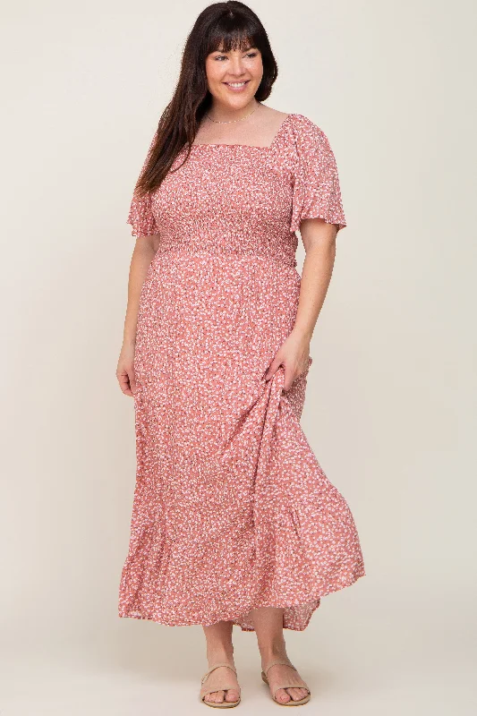 Mauve Floral Smocked Flounce Sleeve Plus Maxi Dress Stylish Boho Chic Maxi Dress