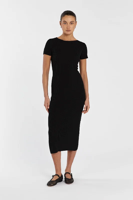 MAX BLACK BOAT NECK KNIT MIDI DRESS Comfortable Deep V Midi Dress