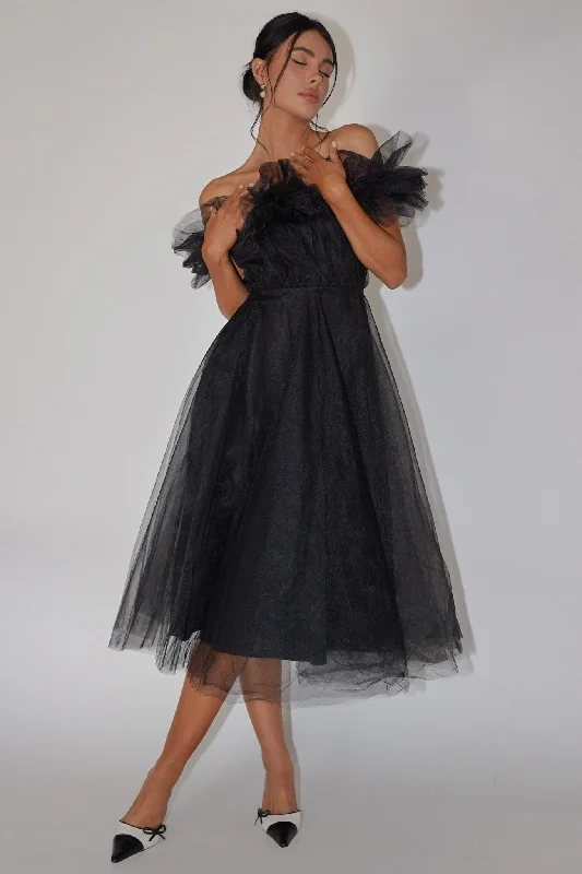 May Rose Off-Shoulder Tulle Midi Dress Black Elegant V-Neck Midi Dress