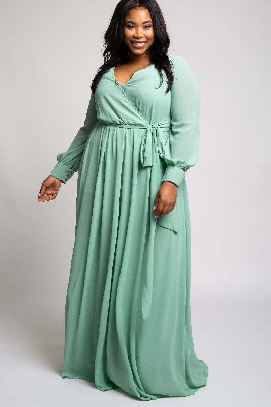 Mint Green Chiffon Plus Maxi Dress Trendy Off-Shoulder Ruffle Maxi Dress