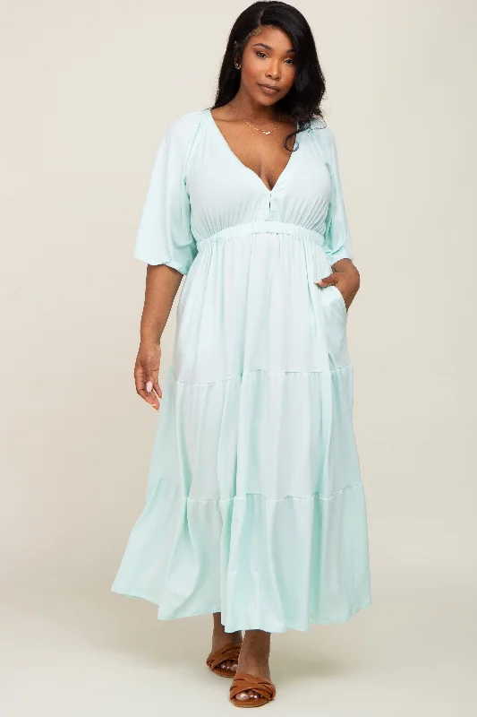 Mint Green Deep V-Neck Tiered Plus Maxi Dress Comfortable Satin Maxi Dress