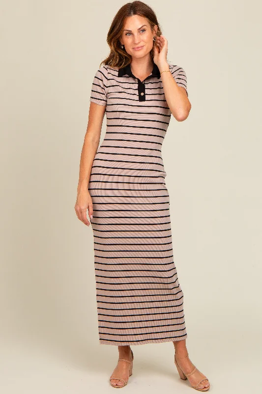 Mocha Striped Collared Side Slit Maxi Dress Cozy Longline Maxi Dress