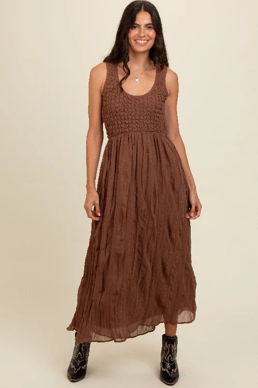 Mocha Textured Smocked Bodice Sleeveless Maxi Dress Elegant Lace-Up Maxi Dress