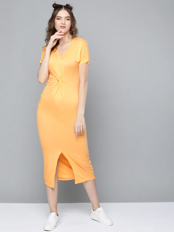 Mustard Front Knot Maxi Dress Stylish Off-Shoulder Maxi Dress