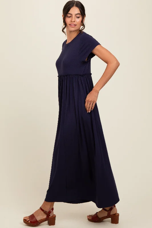 Navy Ruffle Trim Maxi Dress Cozy Knitted Maxi Dress