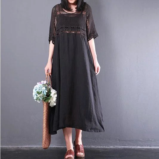 new black casual linen dresses baggy loose hollow out sundress short sleeve patchwork maxi dress Fashionable Halter Neck Maxi Dress