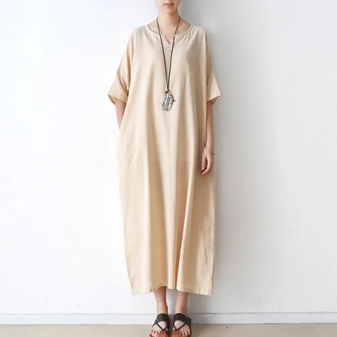 New Nude Casual Linen Dress Oversize Stylish Sundress Short Sleeve Maxi Dress Fashionable Chiffon Maxi Dress