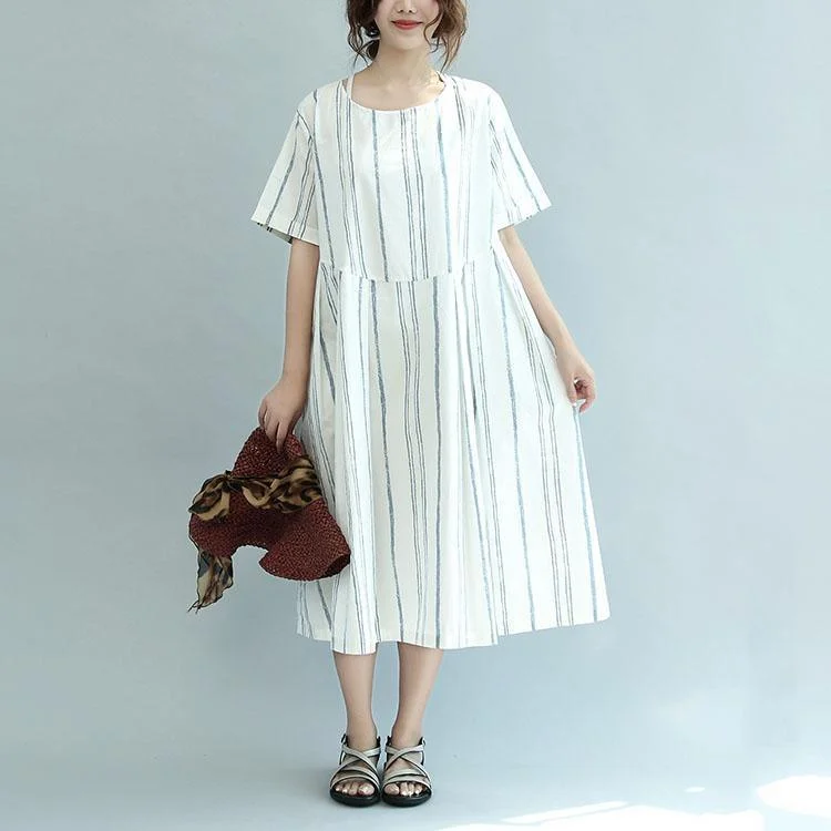 new white patchwork striped cotton sundress plus size traveling dresses o neck maxi dress Fashionable Open-Back Maxi Dress