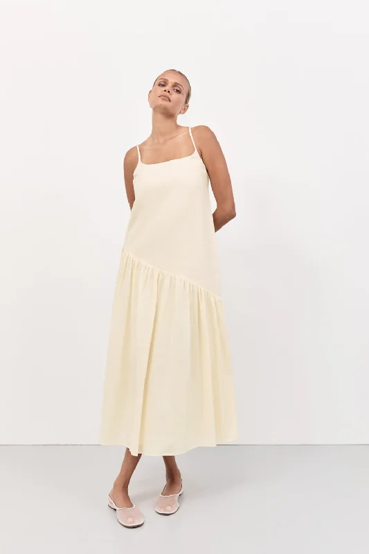 NOAH LEMON LINEN ASYM MIDI DRESS Trendy Ruffled Sleeve Midi Dress