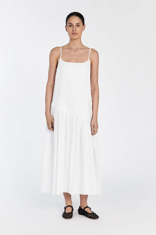 NOAH WHITE LINEN ASYM MIDI DRESS Cozy Midi Dress with Pockets